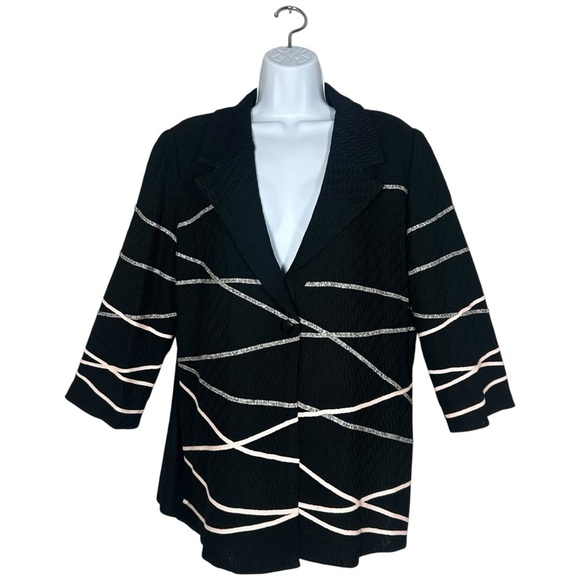 Ming Wang Womens L Black Knit Blazer Career Jacket Single Button Abstract Stripe - Picture 2 of 13